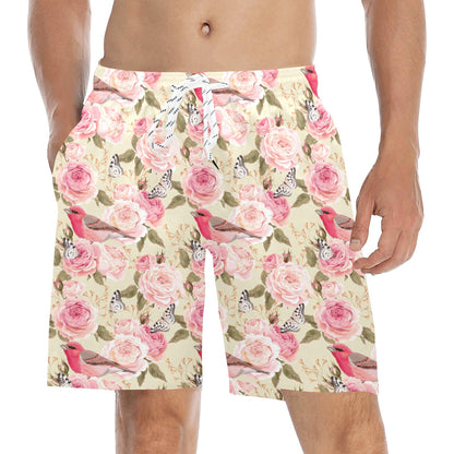 Bird Butterfly Pink Flower Print Pattern Men's Swim Trunks Beach Shorts