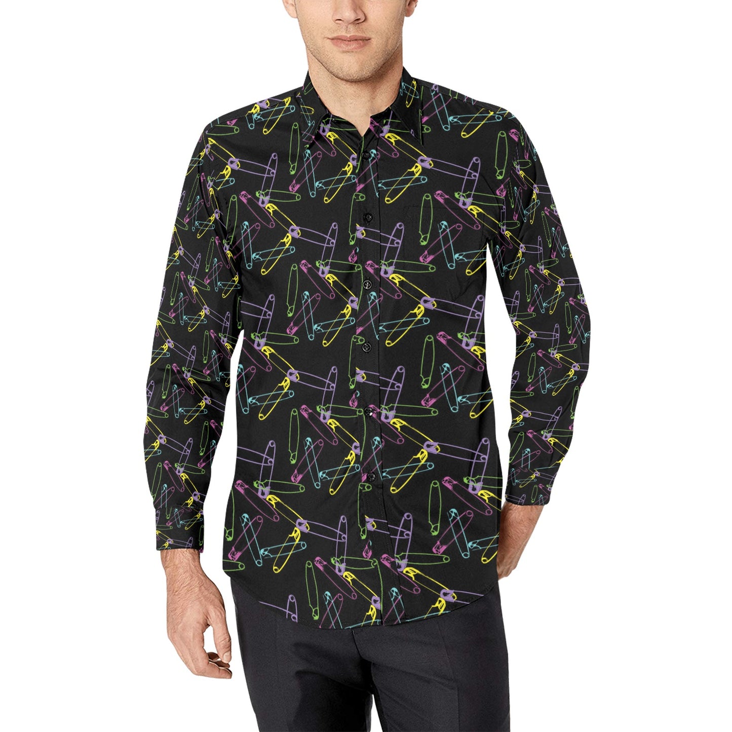 Safety Pin Print Design LKS304 Men's Long Sleeve Dress Shirt