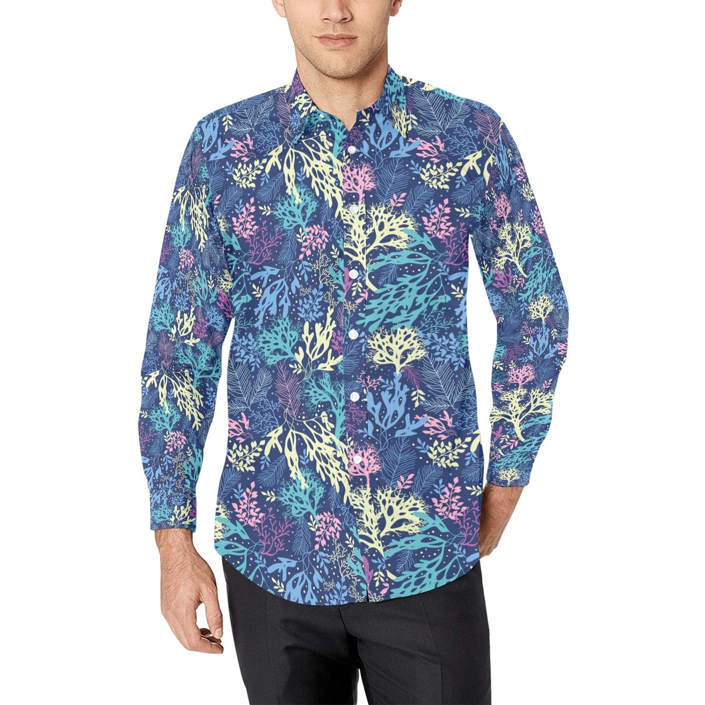 Seaweed Print Design LKS301 Men's Long Sleeve Dress Shirt