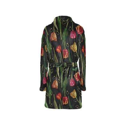 Tulip Embroidered Pattern Print Design TP01 Women's Fleece Robe