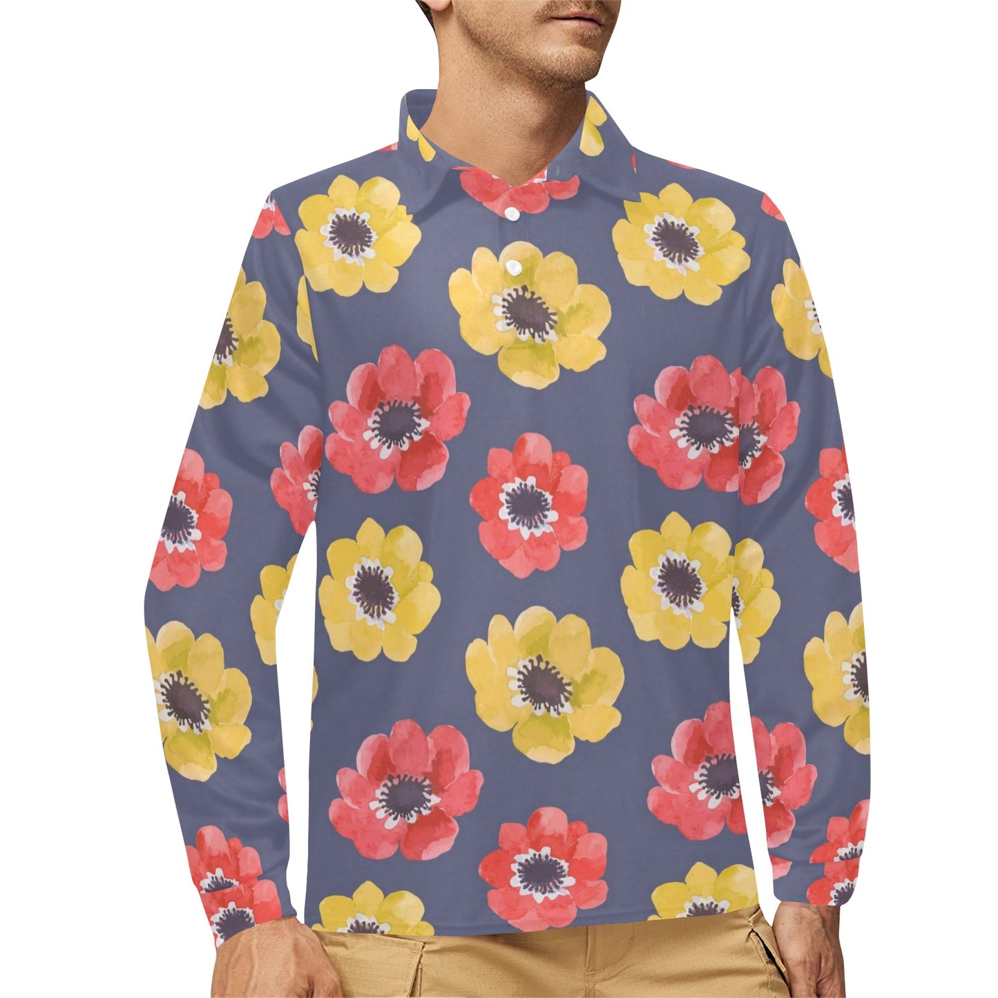 Anemone Pattern Print Design AM010 Long Sleeve Polo Shirt For Men's