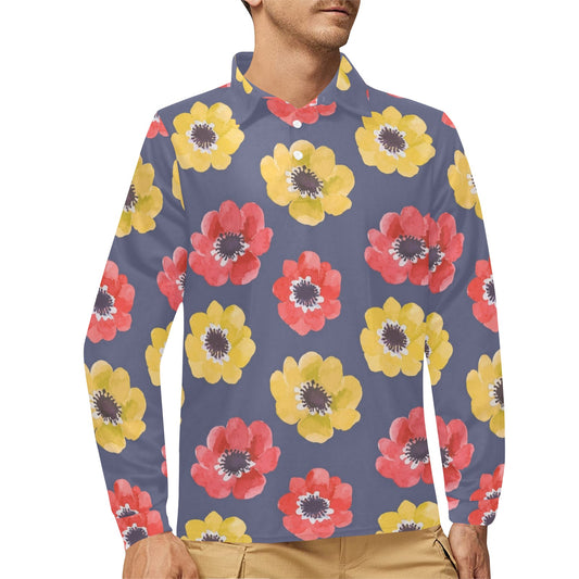 Anemone Pattern Print Design AM010 Long Sleeve Polo Shirt For Men's
