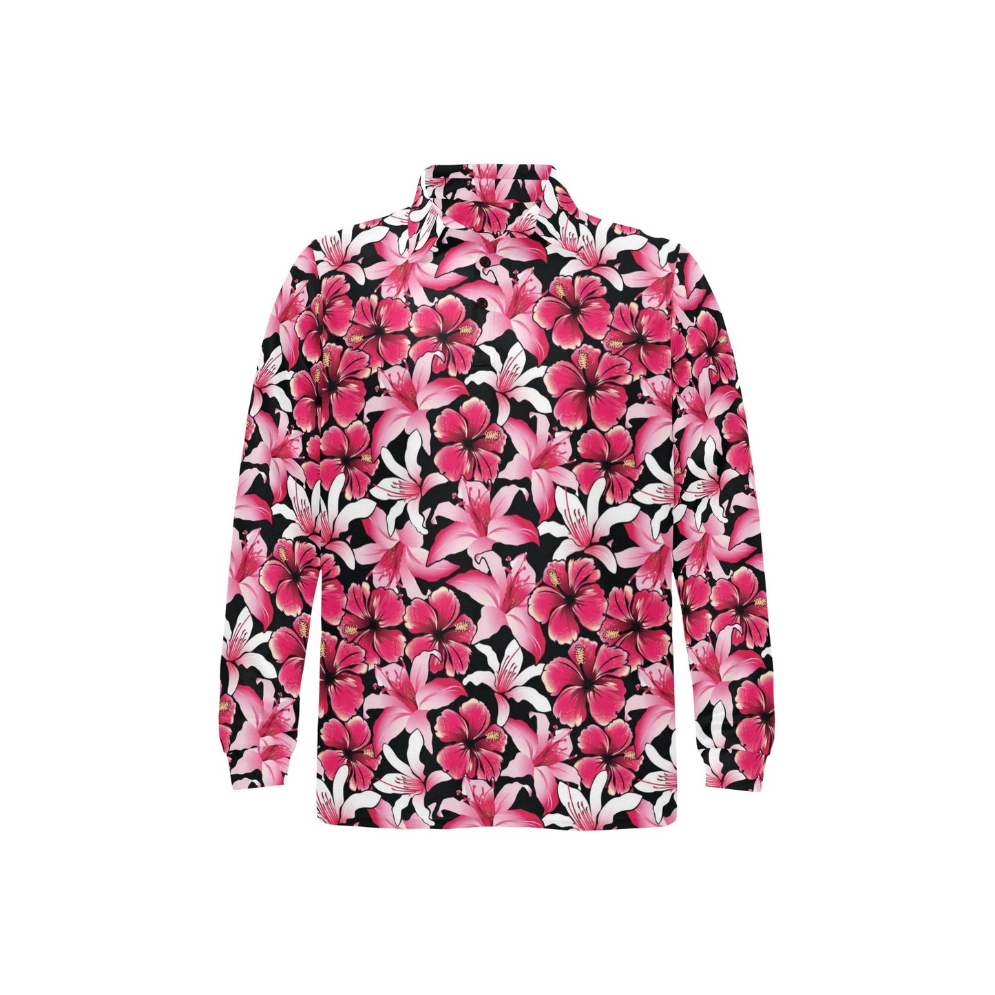Flower Hawaiian Pink Red Hibiscus Print Long Sleeve Polo Shirt For Men's