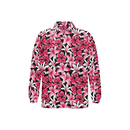 Flower Hawaiian Pink Red Hibiscus Print Long Sleeve Polo Shirt For Men's