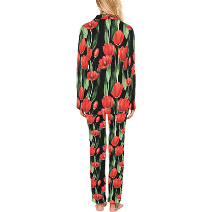 Tulip Red Pattern Print Design TP03 Women's Long Pajama Set