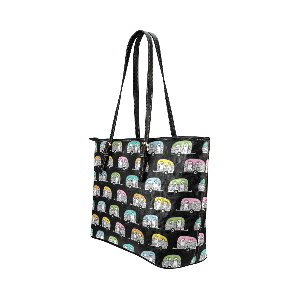 Camper Pattern Camping Themed No 2 Print Leather Tote Bag