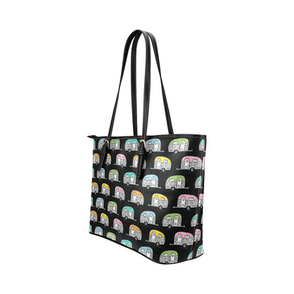 Camper Pattern Camping Themed No 2 Print Leather Tote Bag