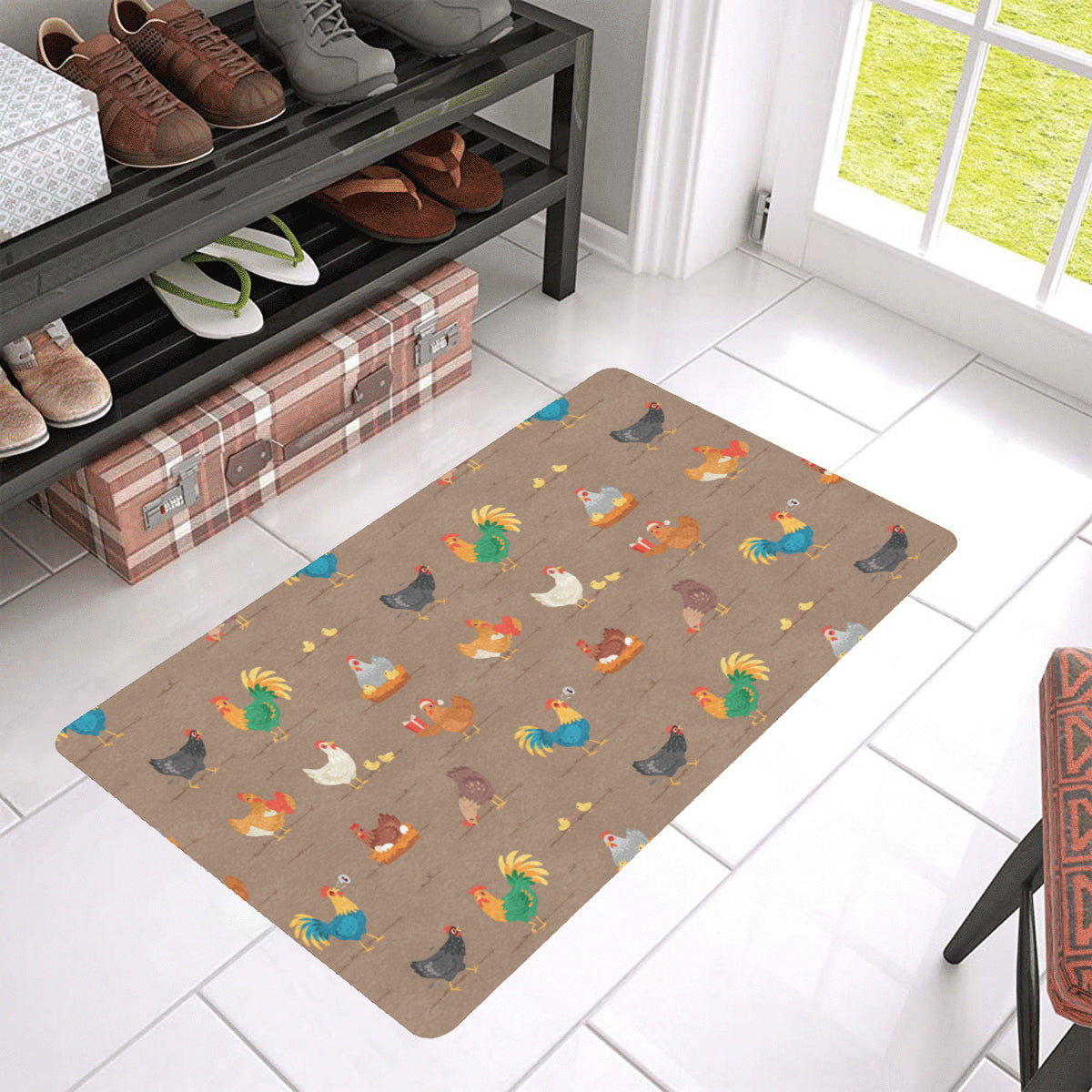 Chicken Happy Print Pattern Rubber Doormat