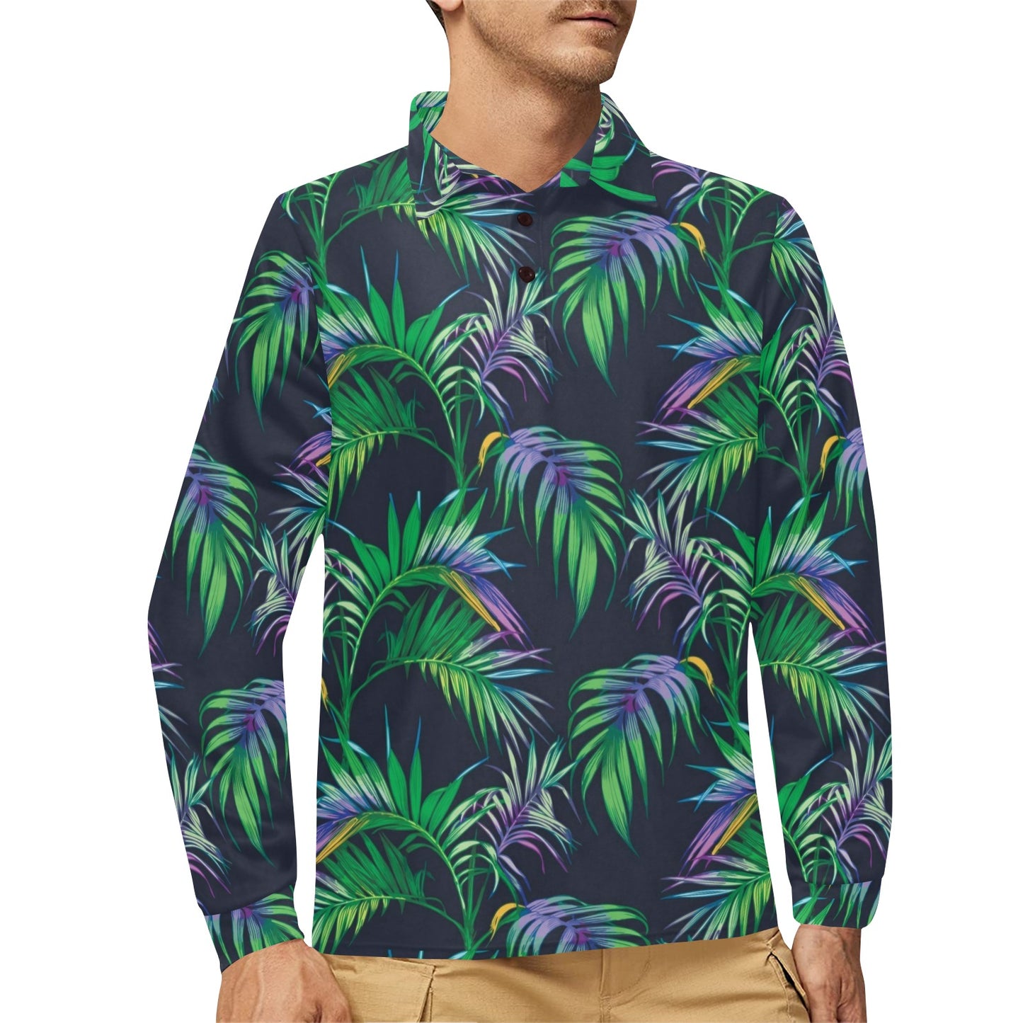 Palm Leaves Pattern Print Design PL04 Long Sleeve Polo Shirt For Men's