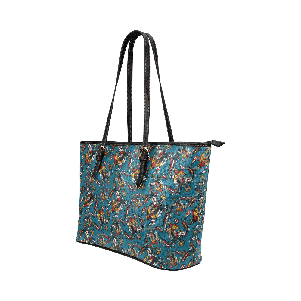 Sea Turtle Tribal Colorful Hand Drawn Leather Tote Bag