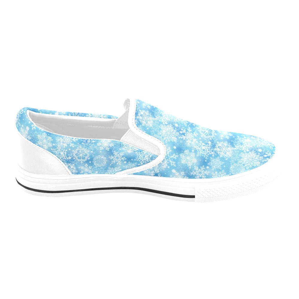 Snowflake Blue Print Design LKS301 White Slip Ons Canvas Women's Shoes