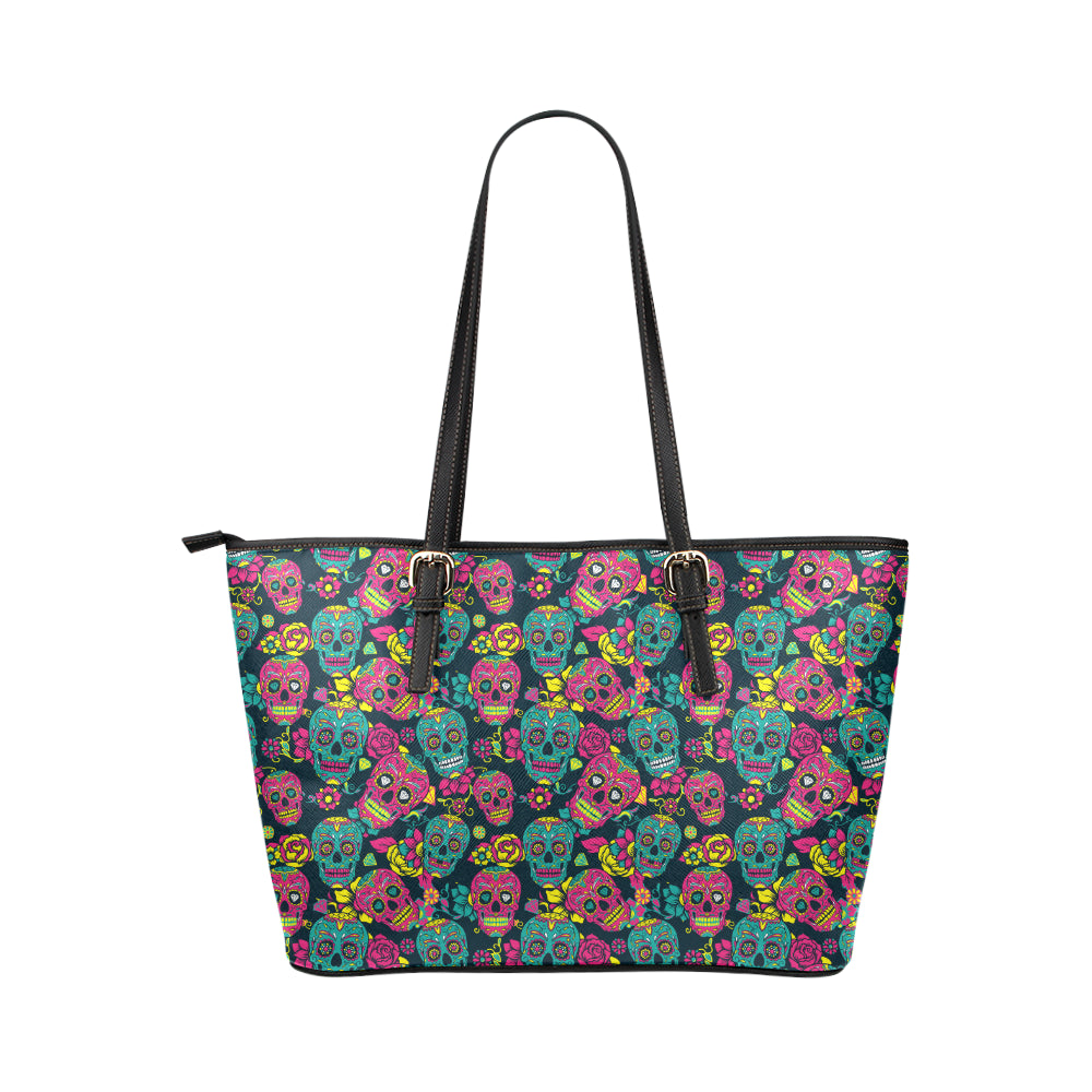 Sugar Skull Floral Design Themed Print Leather Tote Bag