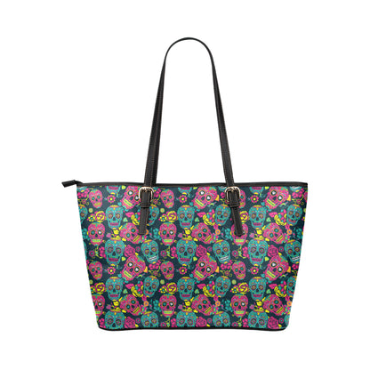 Sugar Skull Floral Design Themed Print Leather Tote Bag