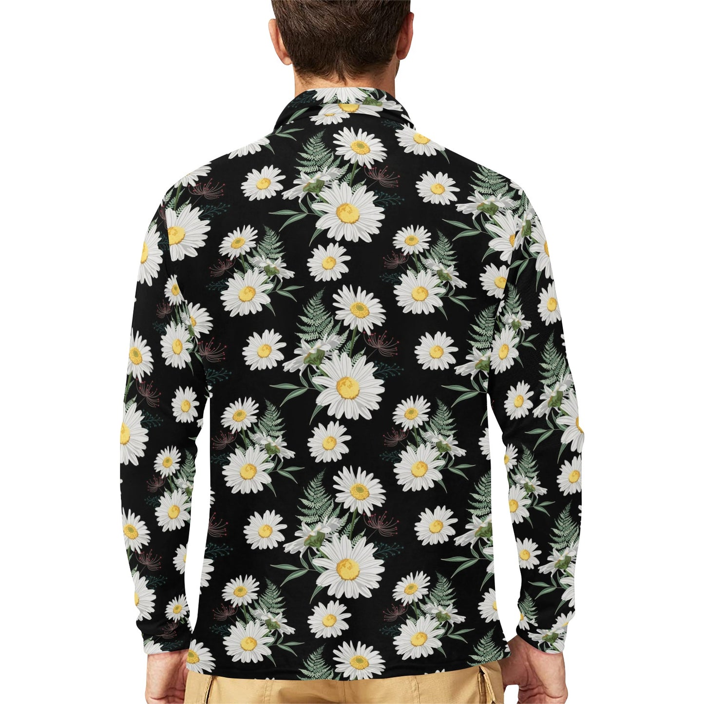 Daisy Pattern Print Design DS07 Long Sleeve Polo Shirt For Men's