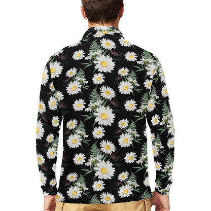 Daisy Pattern Print Design DS07 Long Sleeve Polo Shirt For Men's