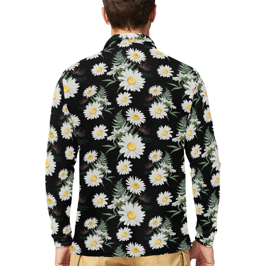 Daisy Pattern Print Design DS07 Long Sleeve Polo Shirt For Men's