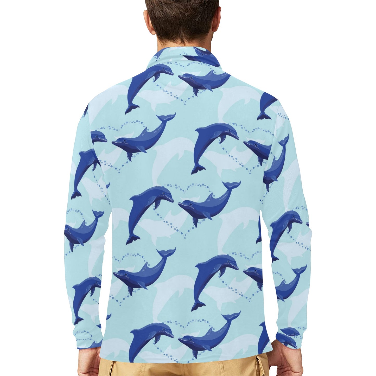 Dolphin Heart Pattern Long Sleeve Polo Shirt For Men's