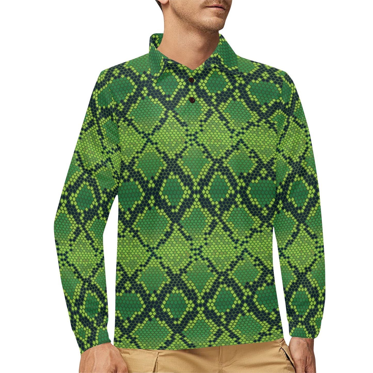 Python Green Pattern Print Design A01 Long Sleeve Polo Shirt For Men's