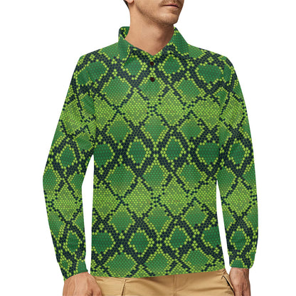 Python Green Pattern Print Design A01 Long Sleeve Polo Shirt For Men's
