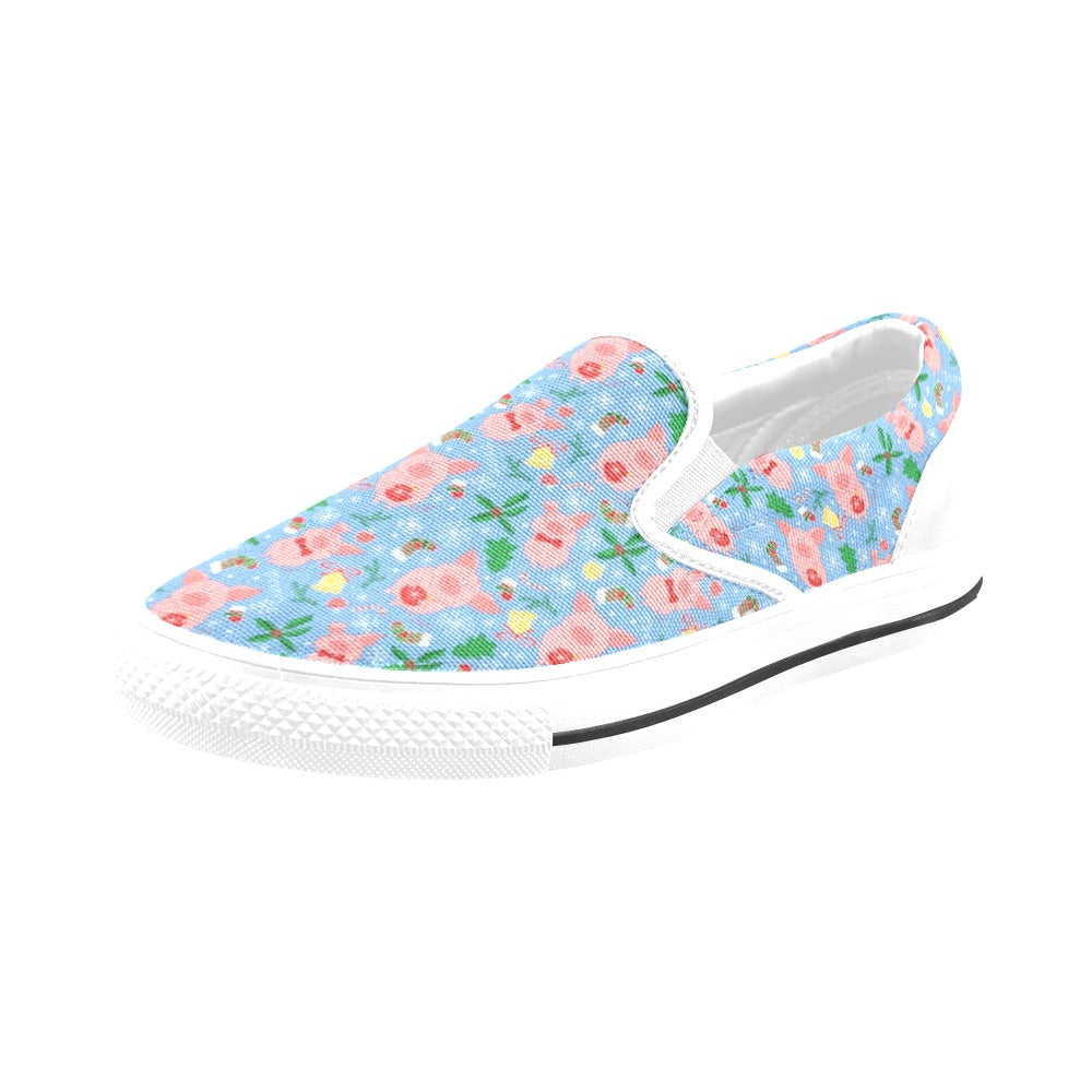 Pig Print Design LKS404 White Slip Ons Canvas Women's Shoes