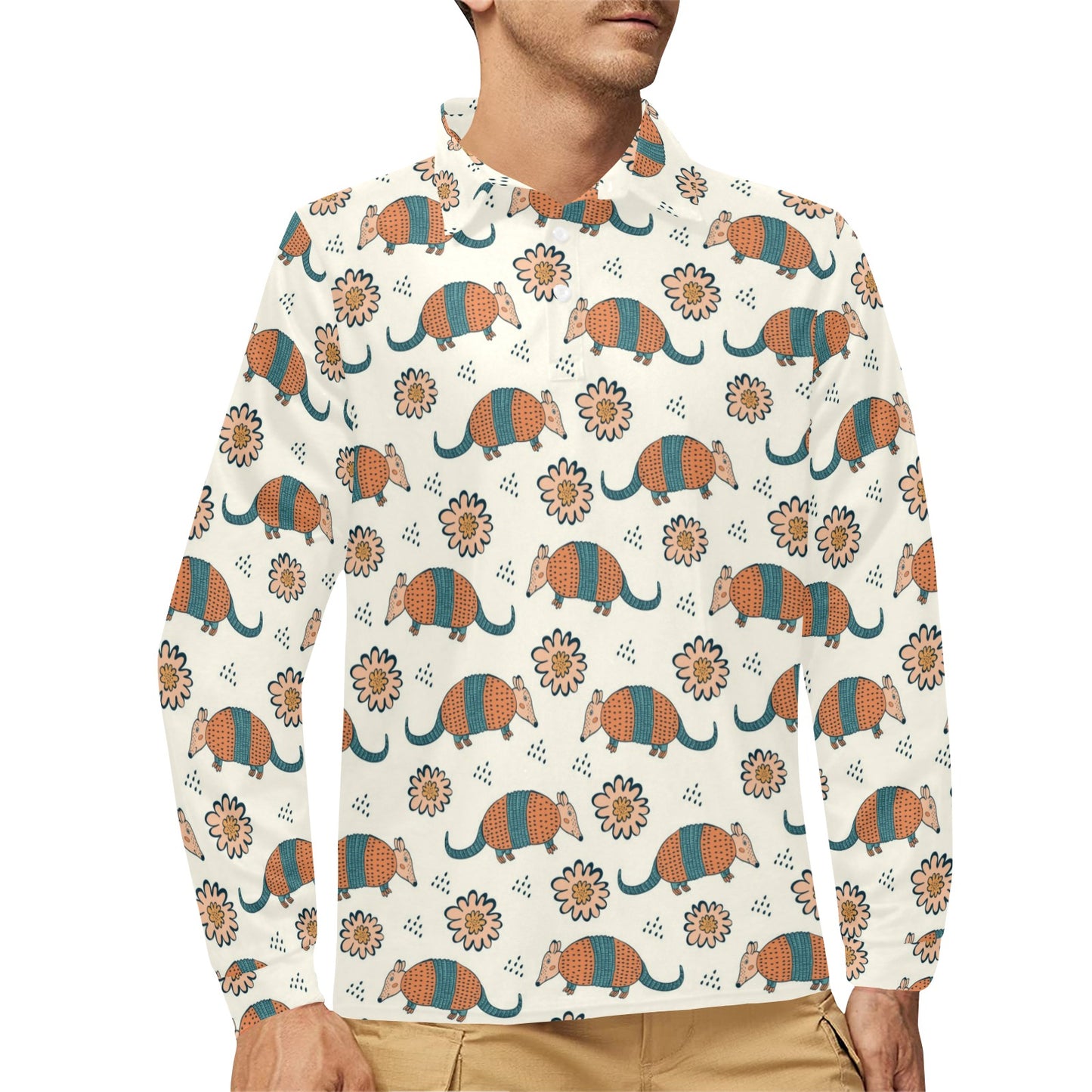 Armadillo Pattern Print Design 02 Long Sleeve Polo Shirt For Men's
