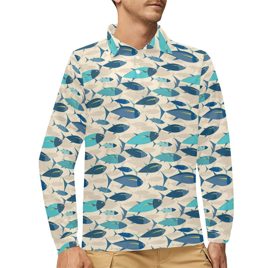 Tuna Fish Print Design LKS302 Long Sleeve Polo Shirt For Men's