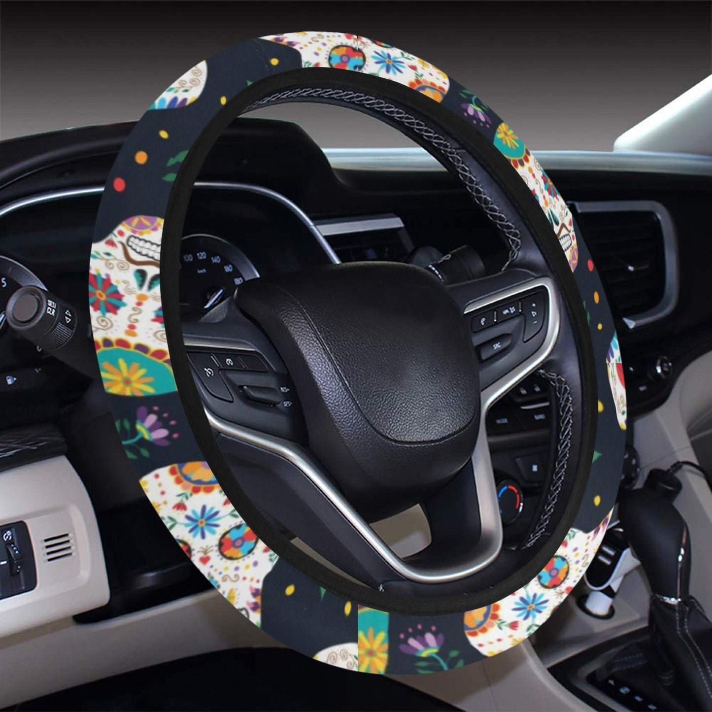 Sugar Skull Print Design LKS305 Steering Wheel Cover with Elastic Edge
