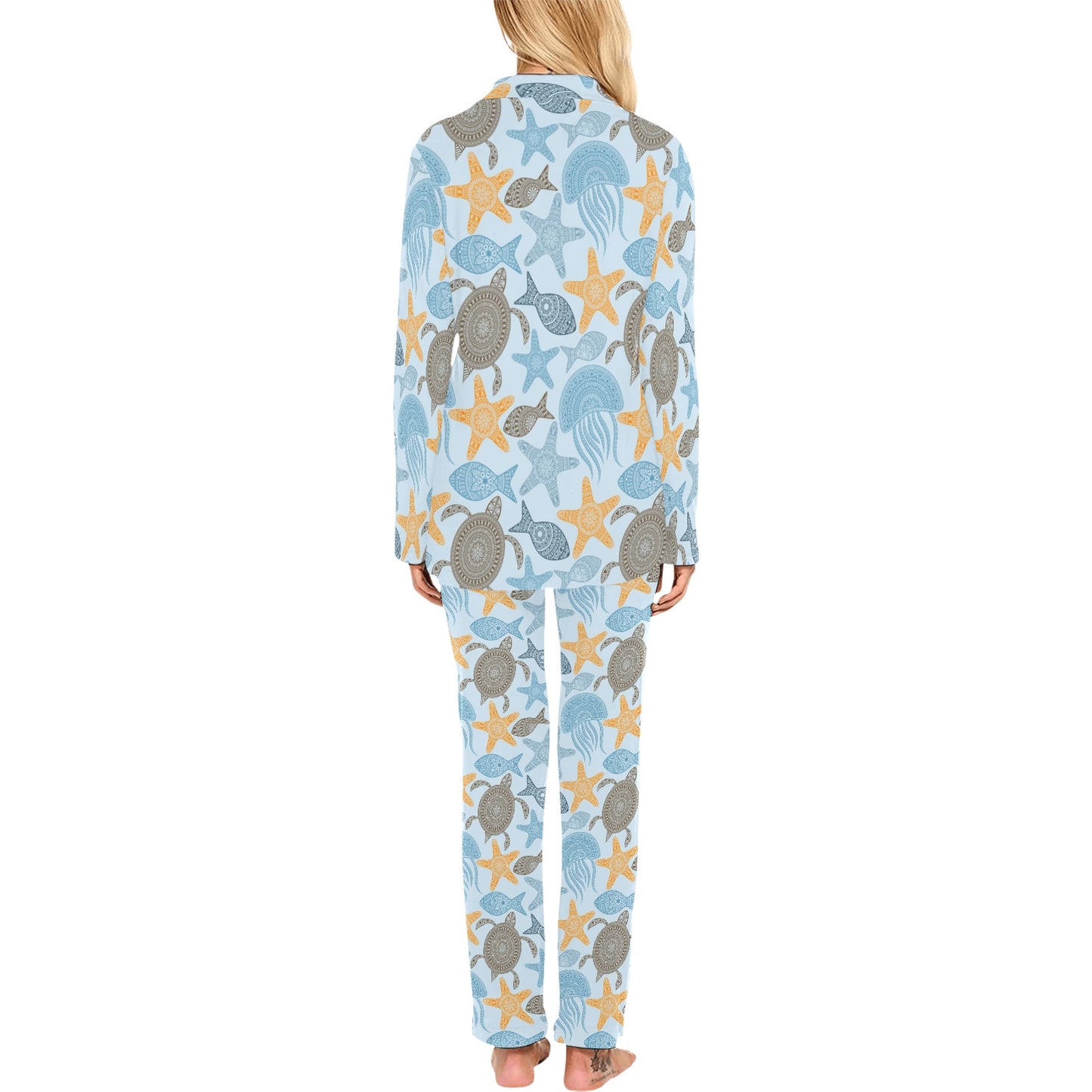 Polynesian Jellyfish Turtle Print Women's Long Pajama Set