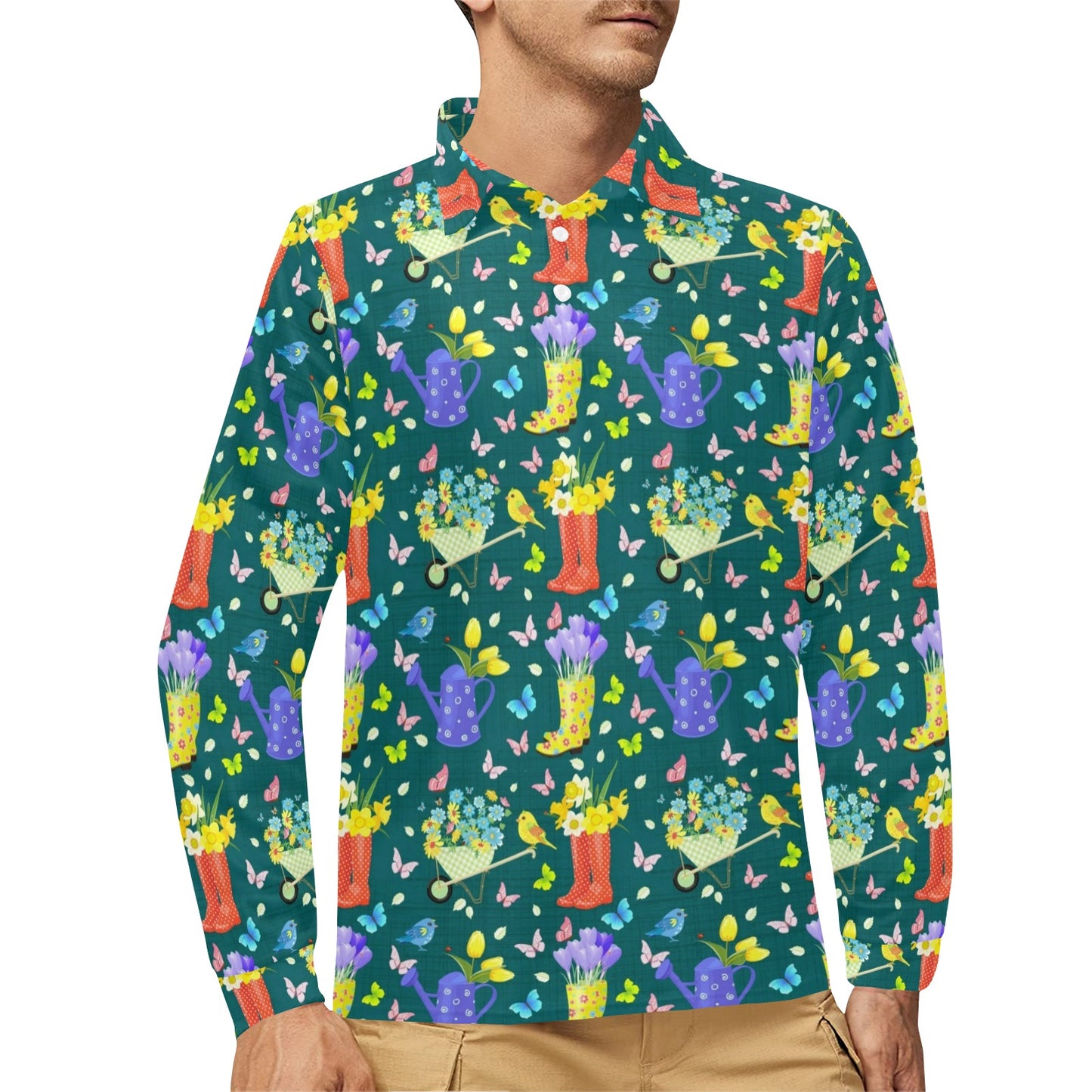 Gardening Pattern Print Design G08 Long Sleeve Polo Shirt For Men's