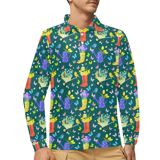 Gardening Pattern Print Design G08 Long Sleeve Polo Shirt For Men's