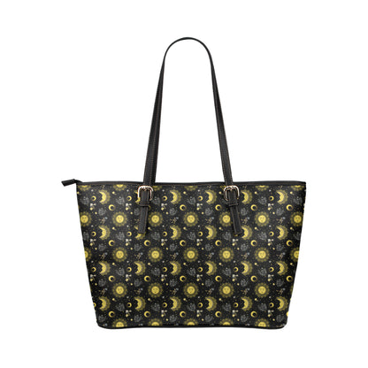 Sun Moon Golden Design Themed Print Leather Tote Bag