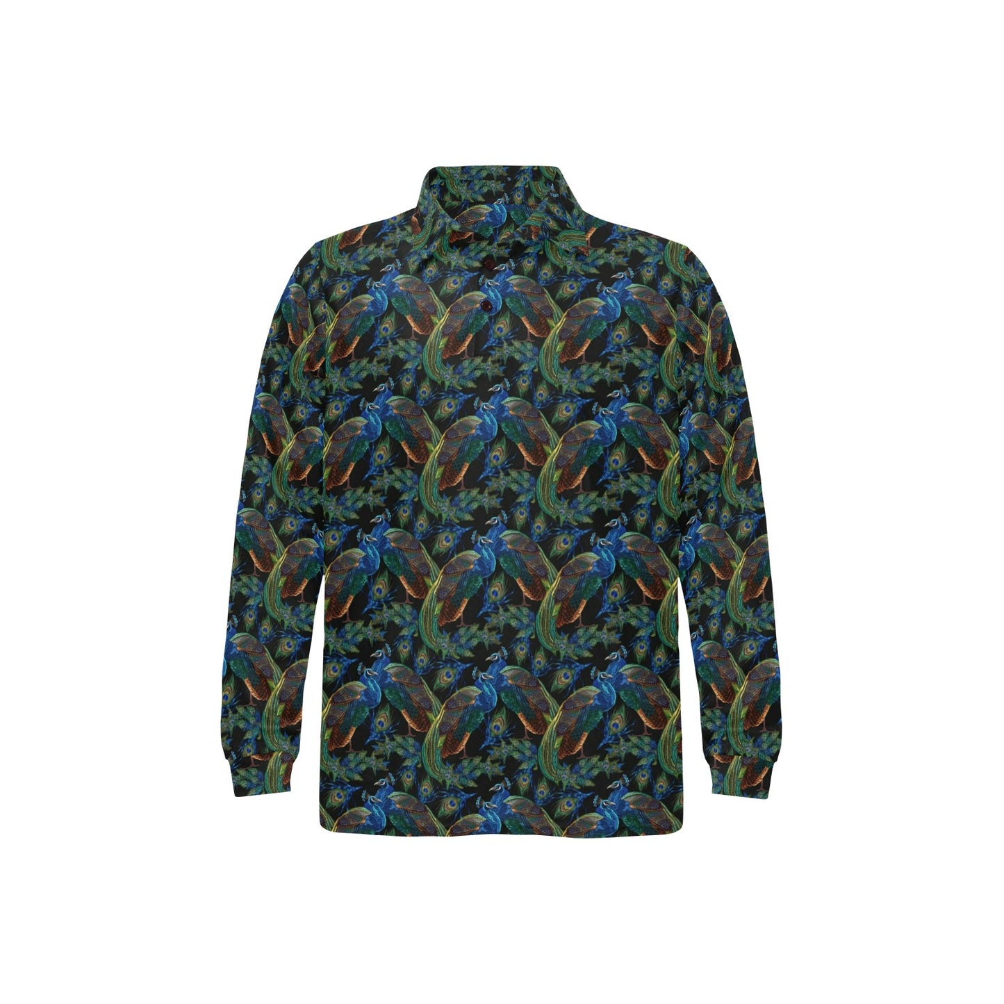 Peacock Themed Design Print Long Sleeve Polo Shirt For Men's