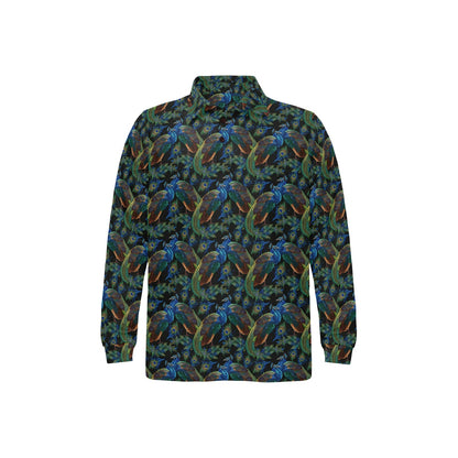 Peacock Themed Design Print Long Sleeve Polo Shirt For Men's