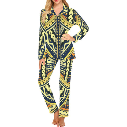 Polynesian Tattoo Print Women's Long Pajama Set