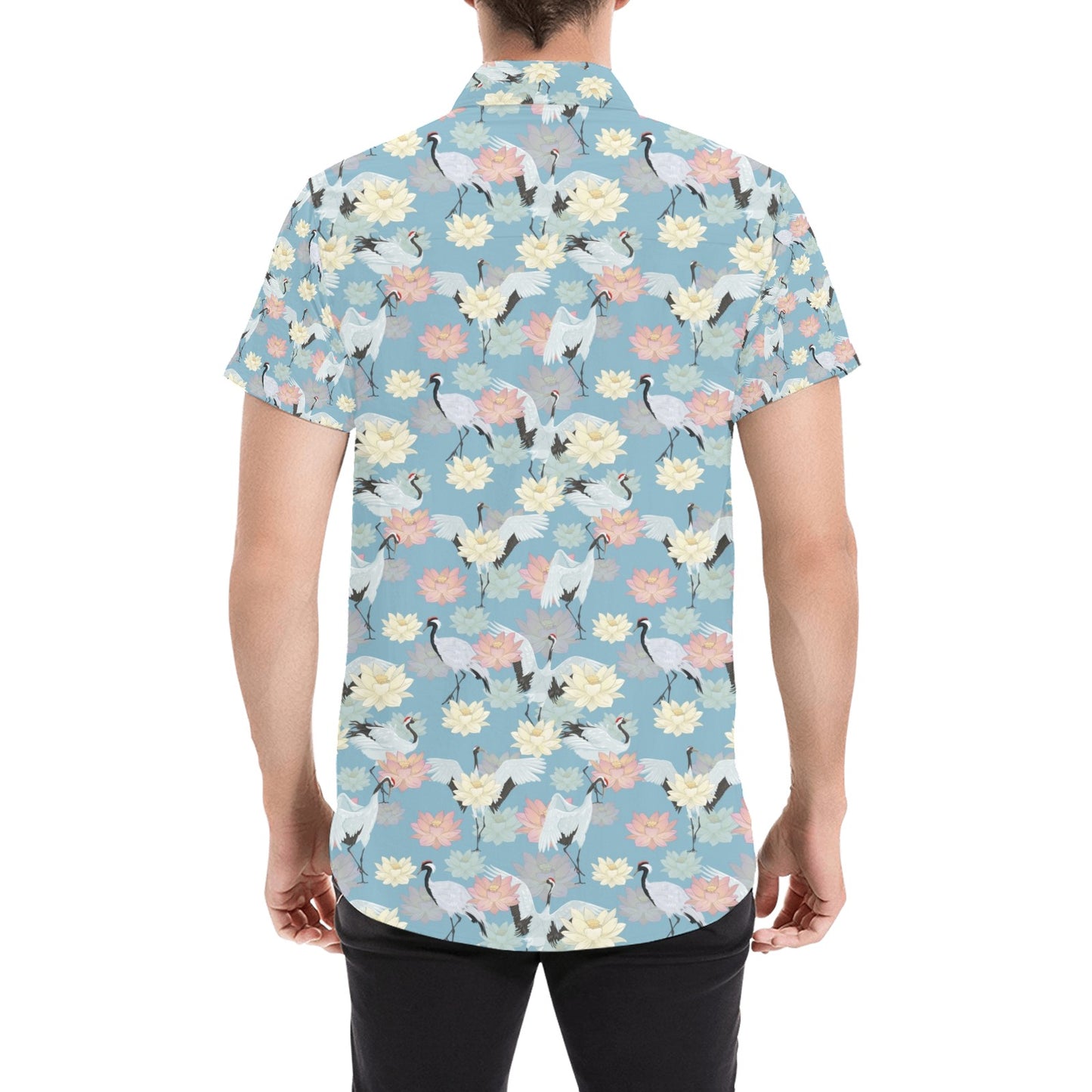 Water Lily Print Design LKS304 Men Short Sleeve Button Up Shirt
