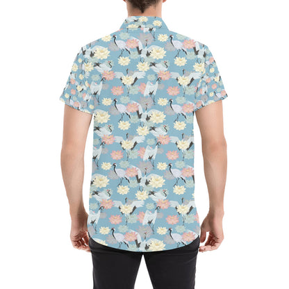 Water Lily Print Design LKS304 Men Short Sleeve Button Up Shirt