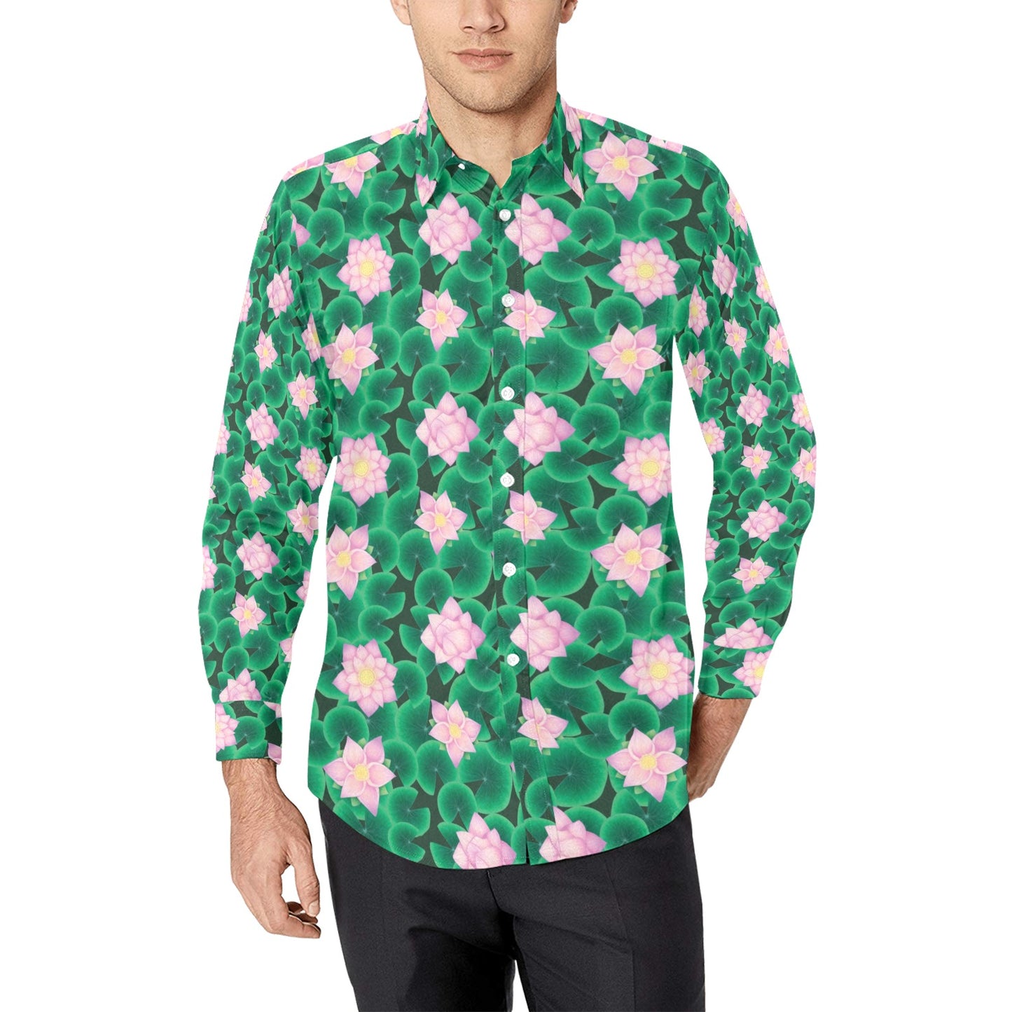 Water Lily Print Design LKS303 Men's Long Sleeve Dress Shirt