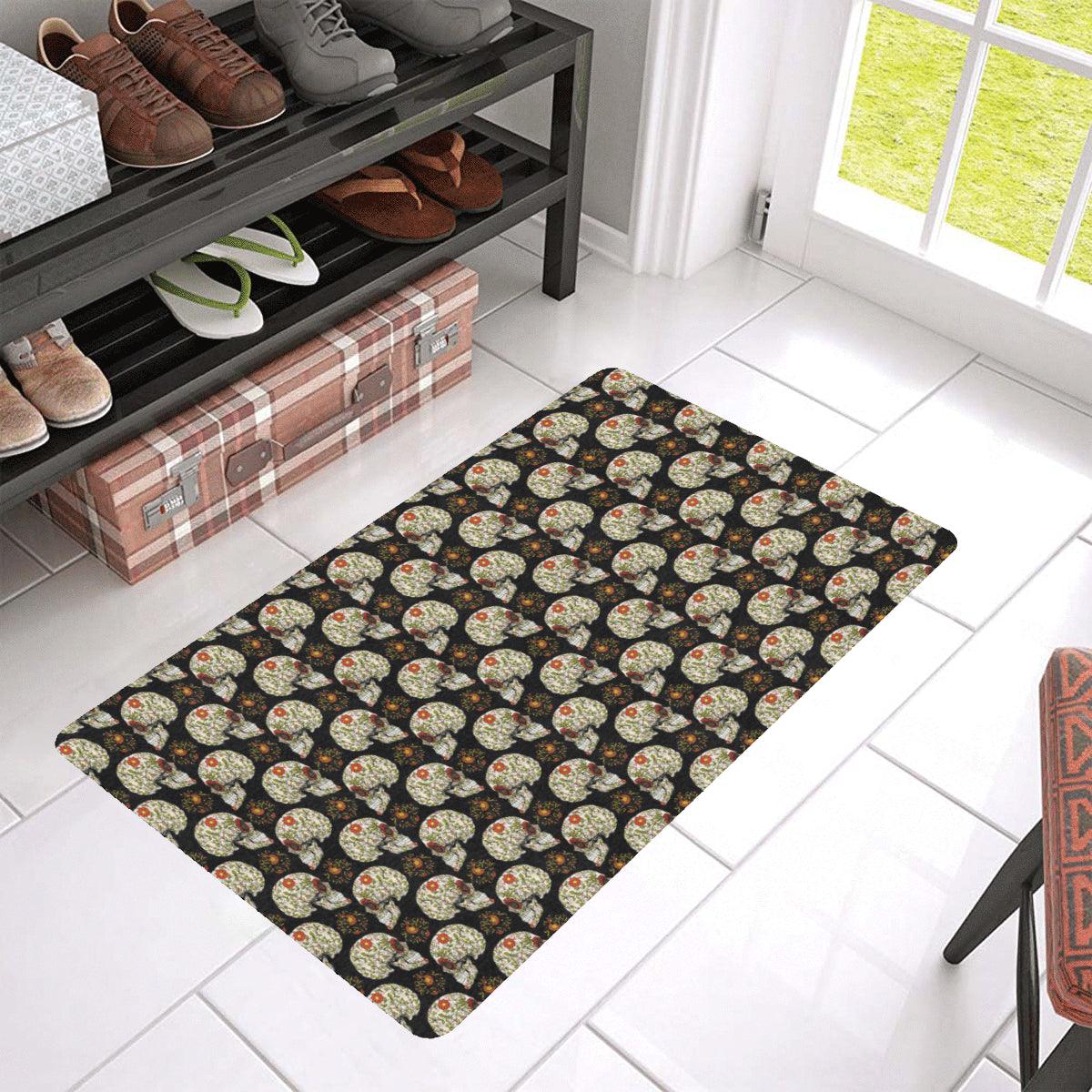 Sugar Skull Flower Design Themed Print Rubber Doormat