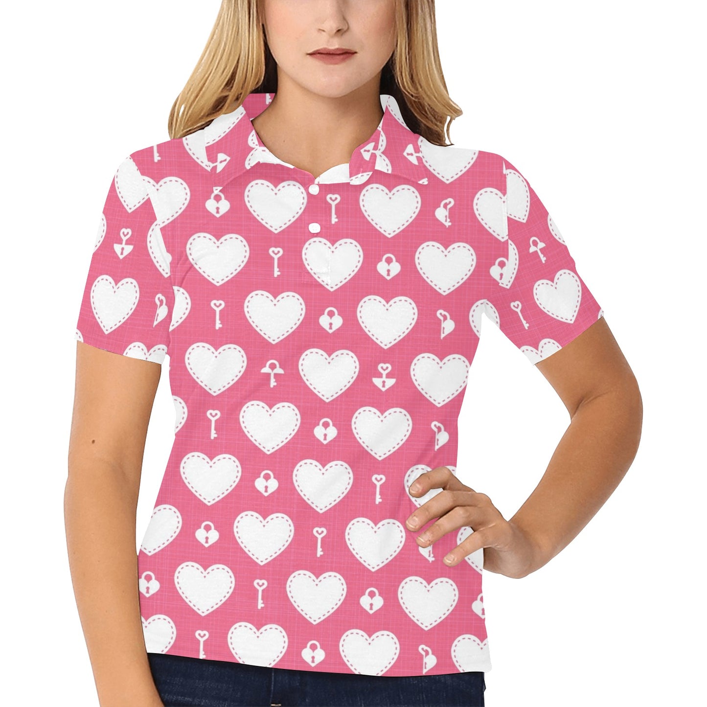 Heart Key Pattern Print Design HE09 Women's Polo Shirt