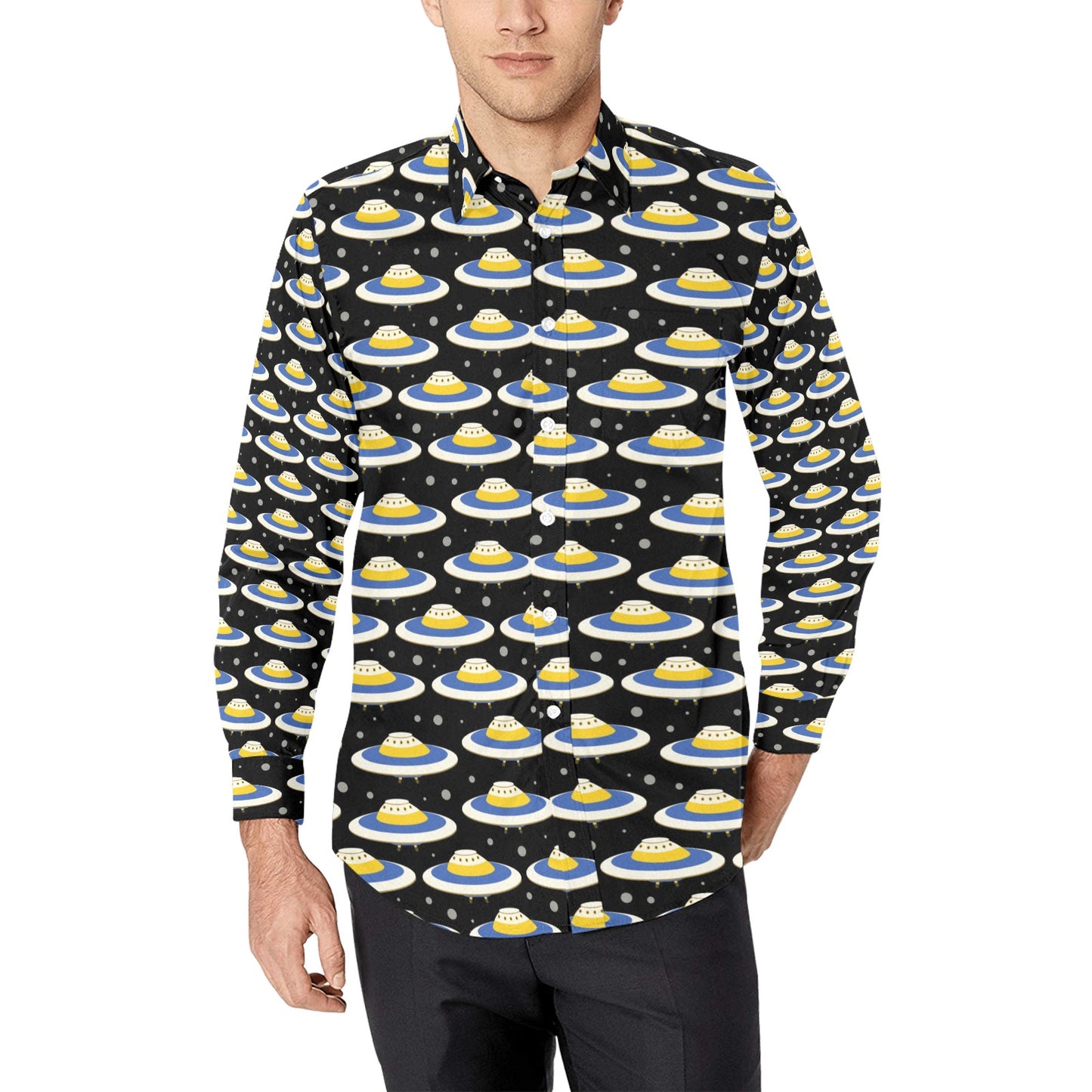 UFO Print Design LKS303 Men's Long Sleeve Dress Shirt