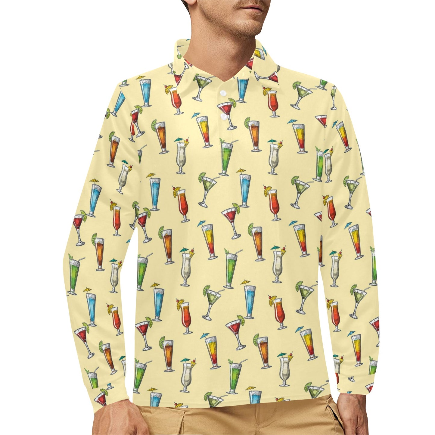 Cocktail Pattern Print Design 02 Long Sleeve Polo Shirt For Men's