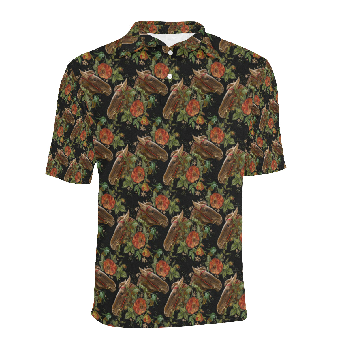 Horse Embroidery with Flower Design Men Polo Shirt