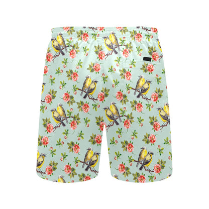 Bird with Red Flower Print Pattern Men's Swim Trunks Beach Shorts