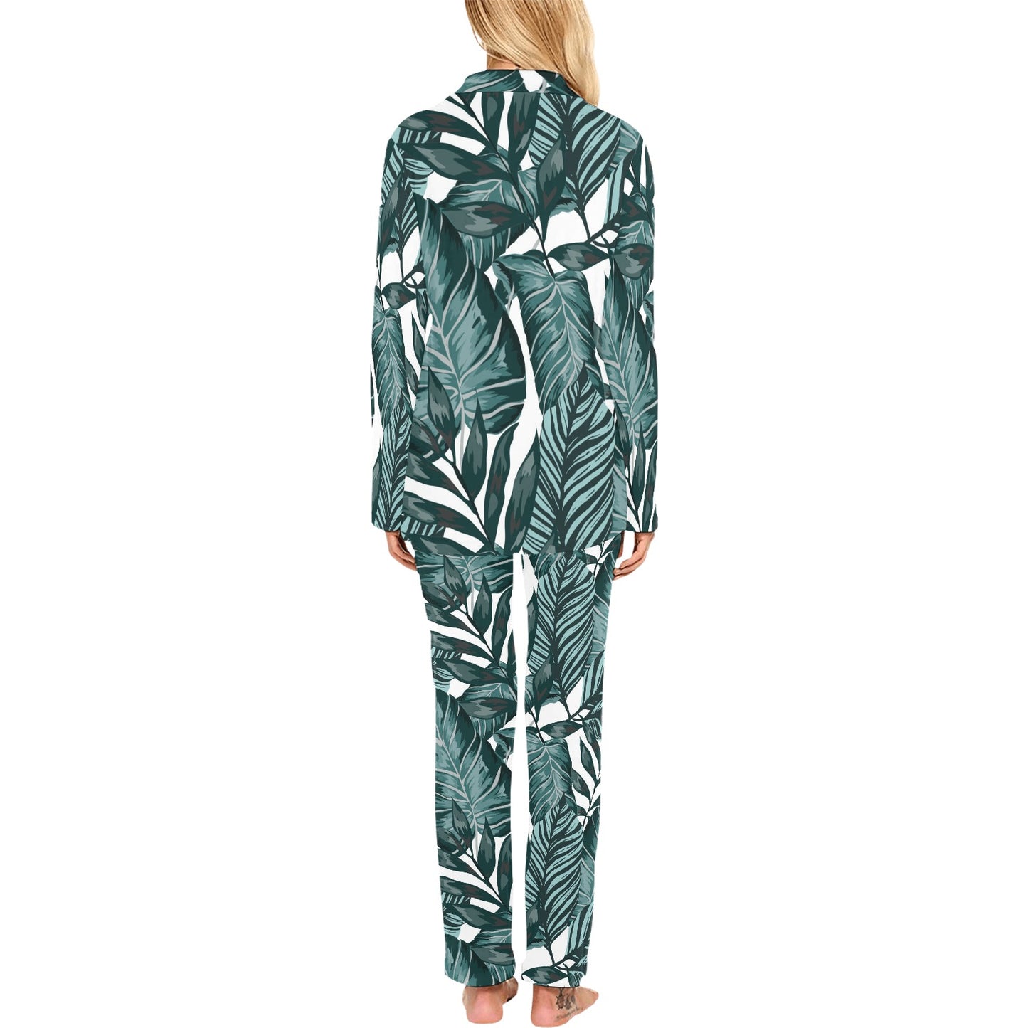 Tropical Palm Leaves Pattern Women's Long Pajama Set