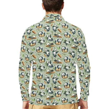 Panda Bear Design Bamboo Print Long Sleeve Polo Shirt For Men's
