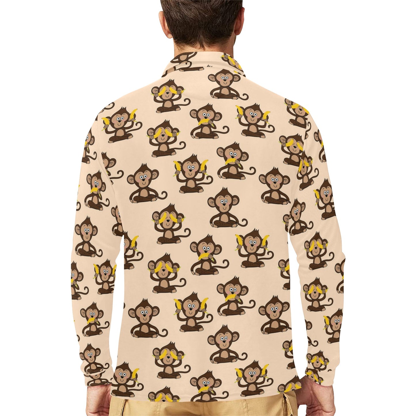Monkey Pattern Print Design 03 Long Sleeve Polo Shirt For Men's