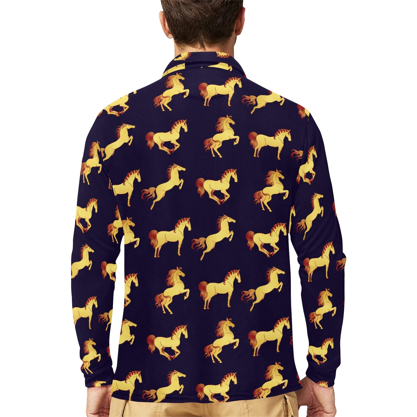 Gold Horse Pattern Long Sleeve Polo Shirt For Men's