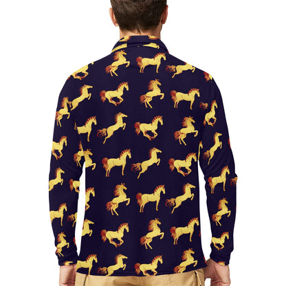 Gold Horse Pattern Long Sleeve Polo Shirt For Men's