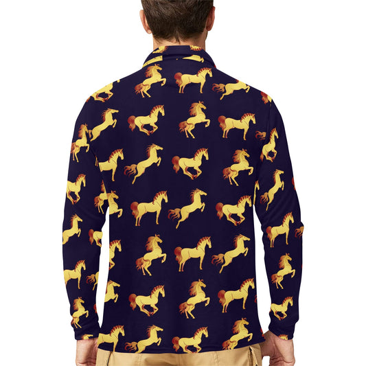 Gold Horse Pattern Long Sleeve Polo Shirt For Men's