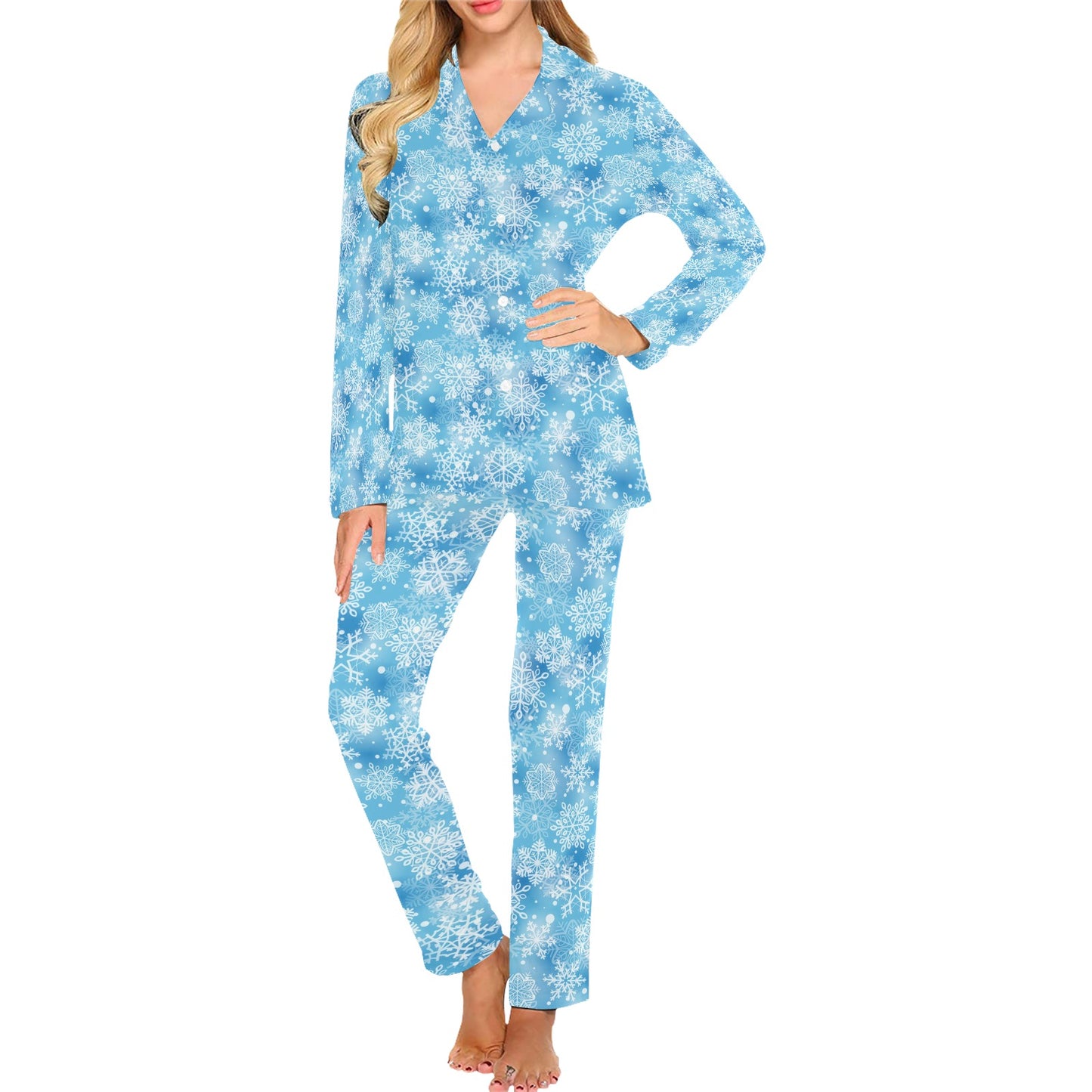 Snowflake Blue Print Design LKS301 Women's Long Pajama Set